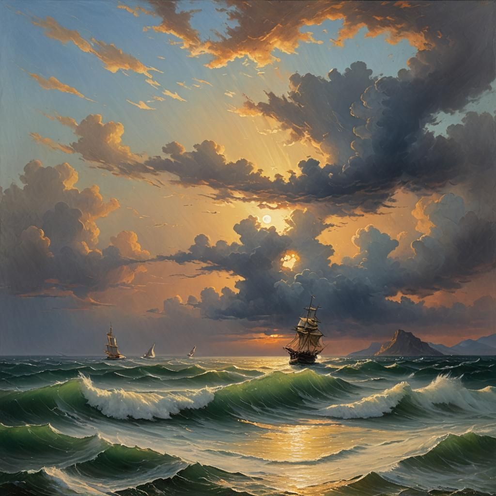 Sunset with dissipating storm in the style of Aivazovsky