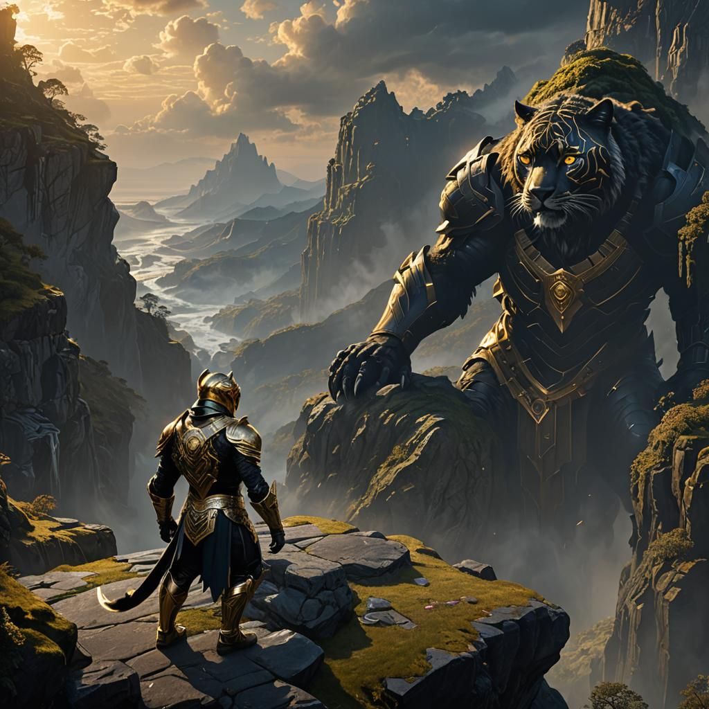 Armored Panther Overlooking Labyrinth in Dark Fantasy Style