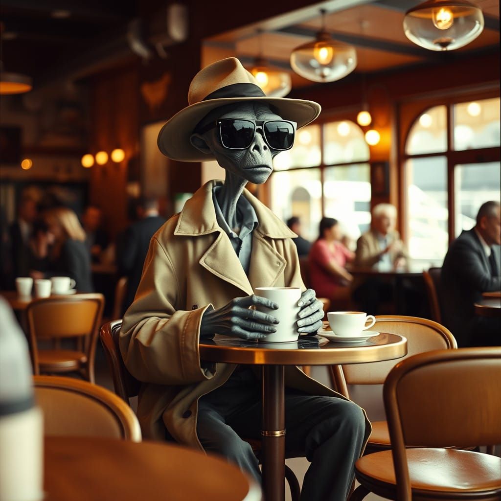 Surreal Coffee Shop Scene in Whimsical Cinematic Style