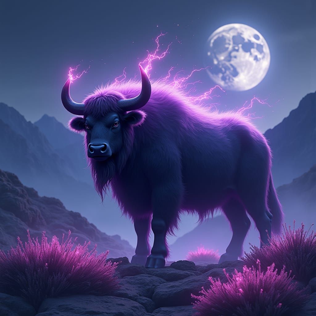Spectral Wild Taurus in Ethereal Purple Landscape