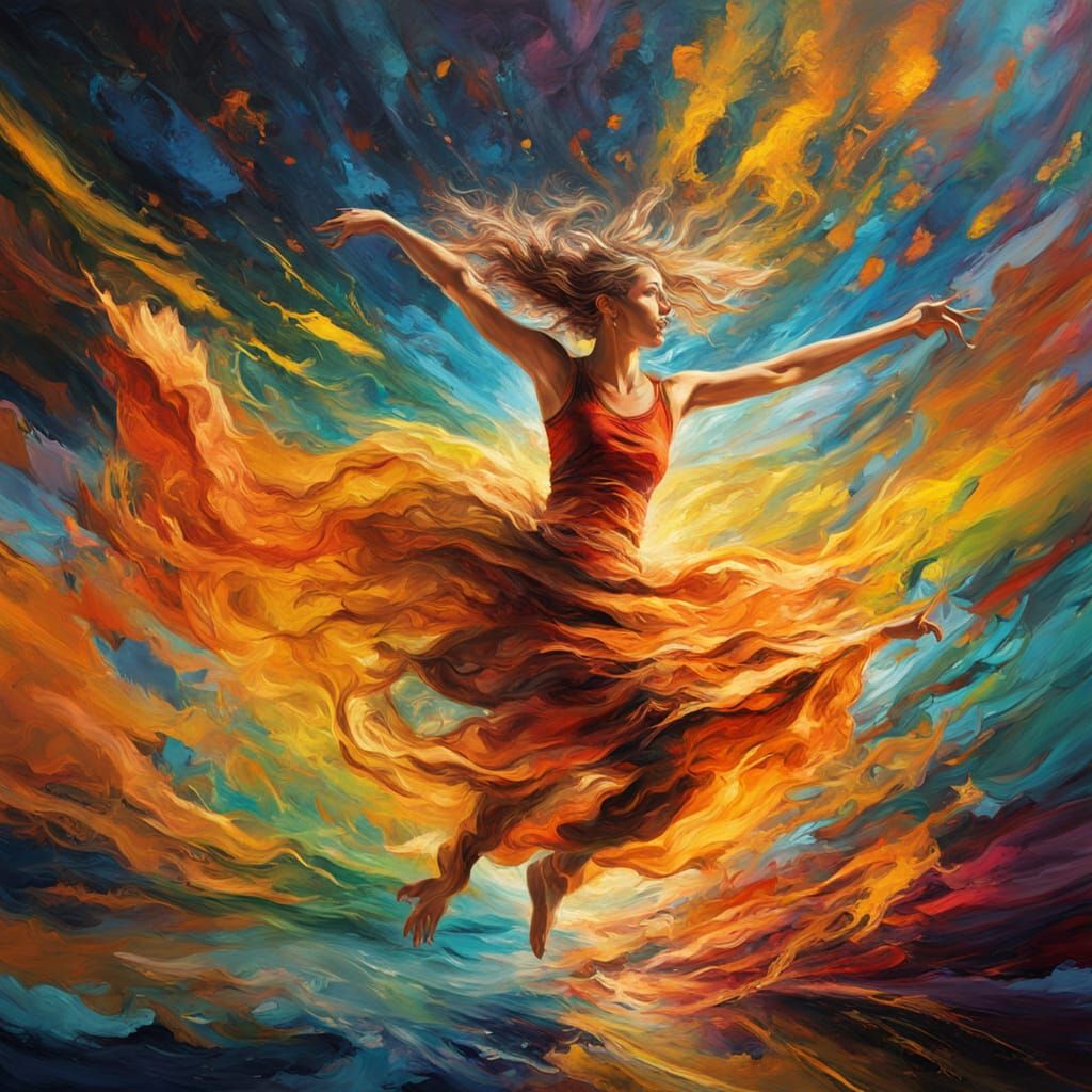 Vibrant Dance Art with Swirling Aurora Backdrop