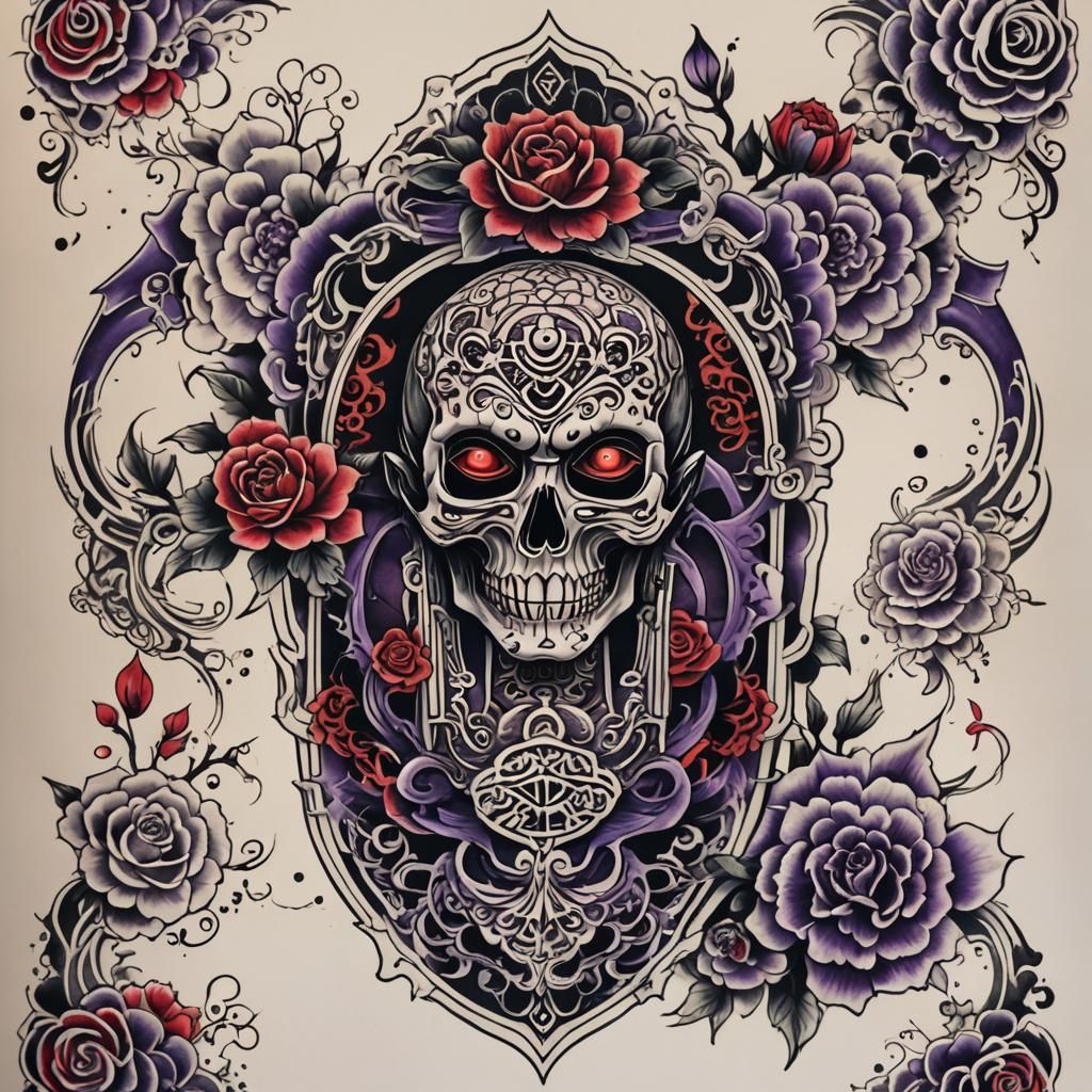 Japanese Gothic Tattoo Design with Coffin and Flowers