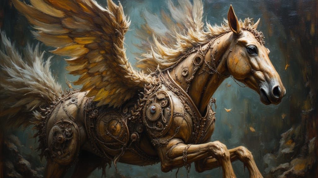 Clockwork Pegasus in Magical Cave, Impasto Oil Painting