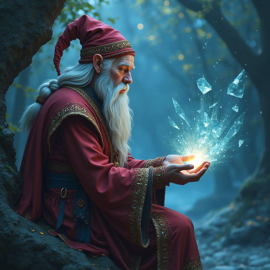 Ethereal Dwarf Sage in a Starlit, Enchanted Glade