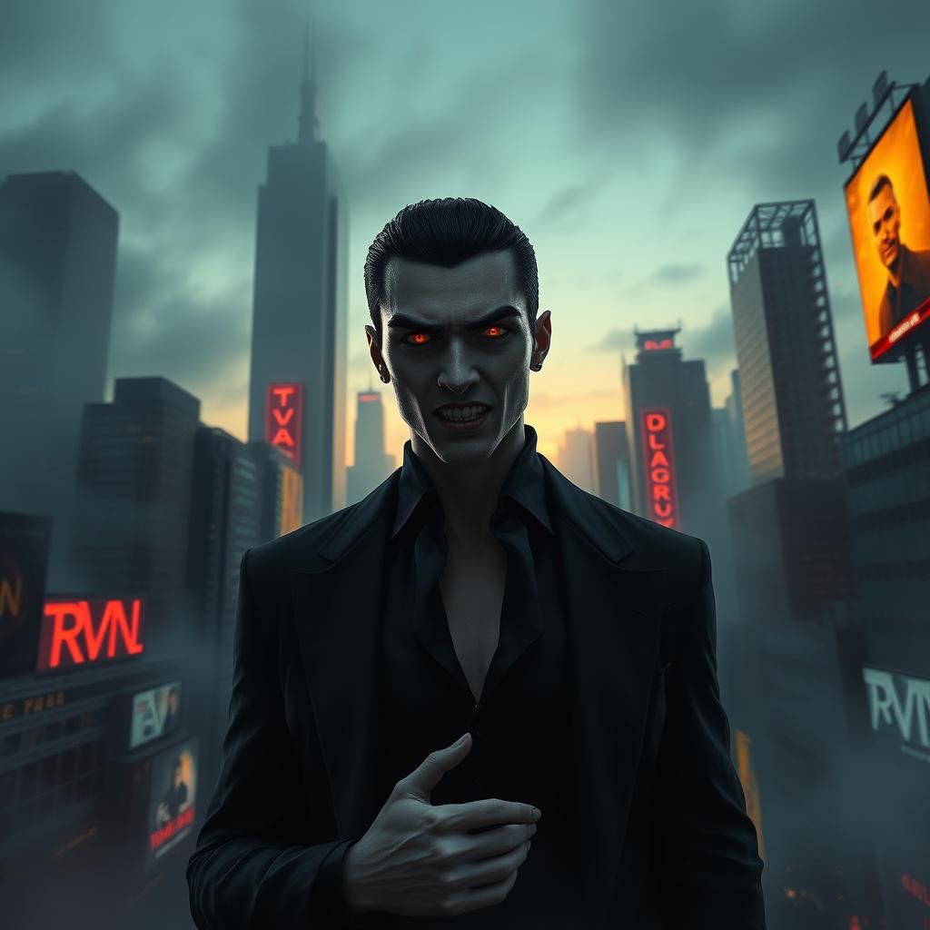 Vampire in Modern Cityscape with Ethereal Glow