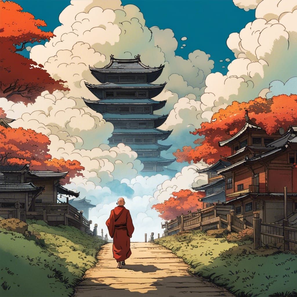 Japanese Monk Walks to Cloud Temple in Manga Art