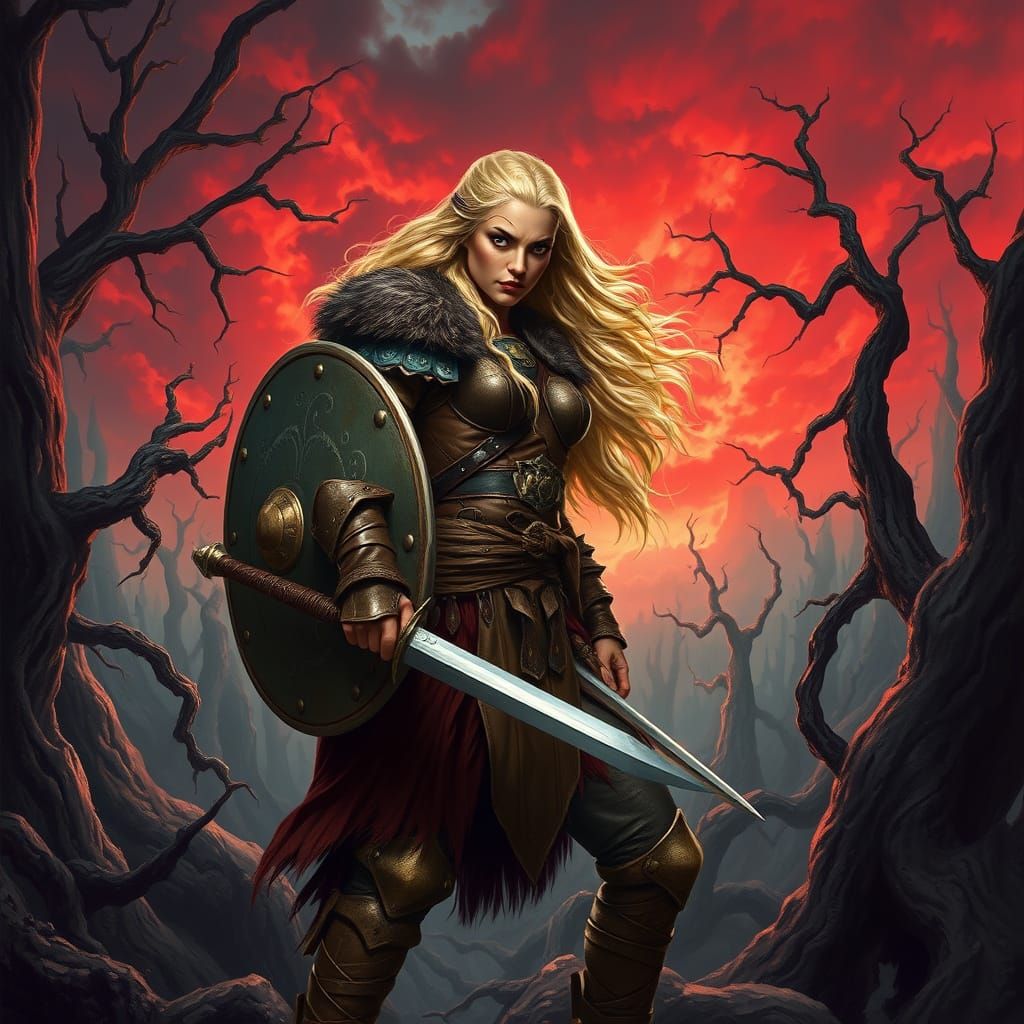 Viking Warrior Woman in Dark Forest with Blood Red Sky