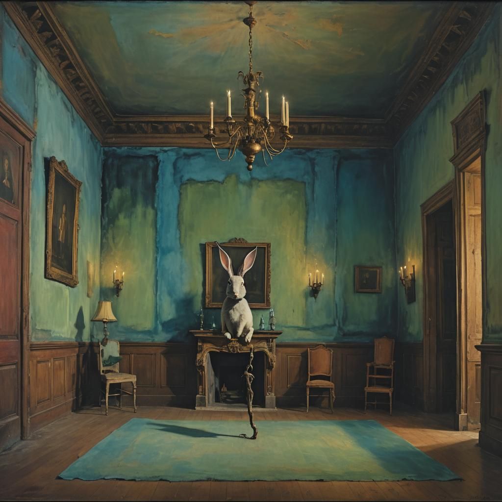 Sad Rabbit in Haunted Manor: Gothic Oil Painting