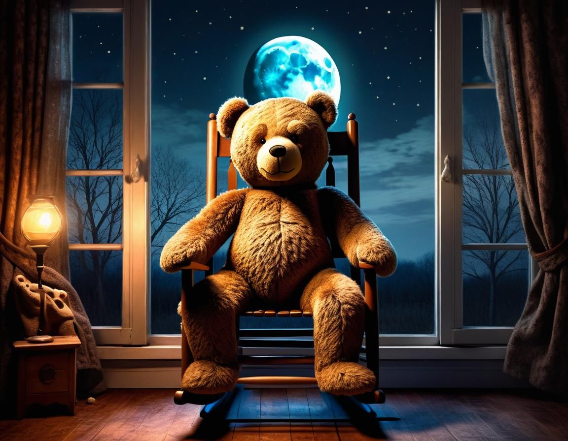 Teddy Bear Rocking Chair Under Moonlight