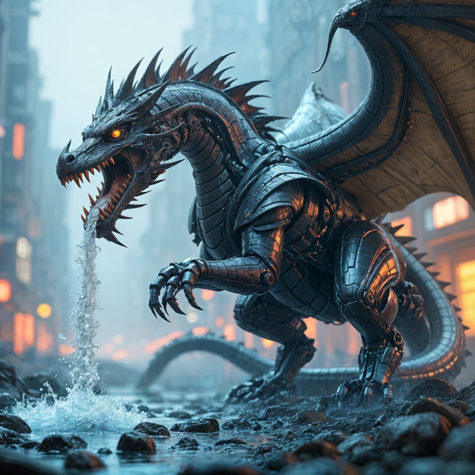 Futuristic Dragon Robot Shooting Water in Sci-Fi Style