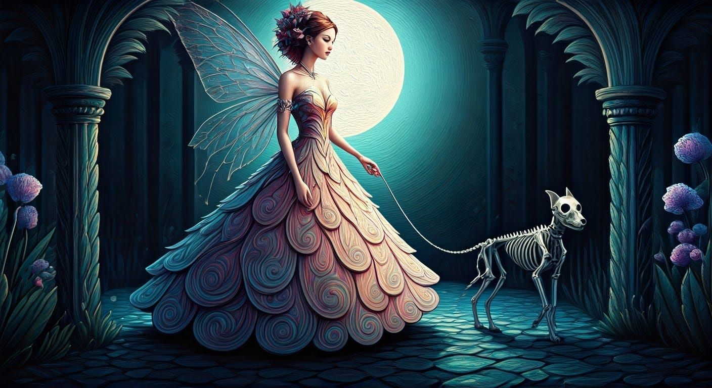 Ethereal Fairy Takes a Whimsical Moonlit Stroll with Her Ske...