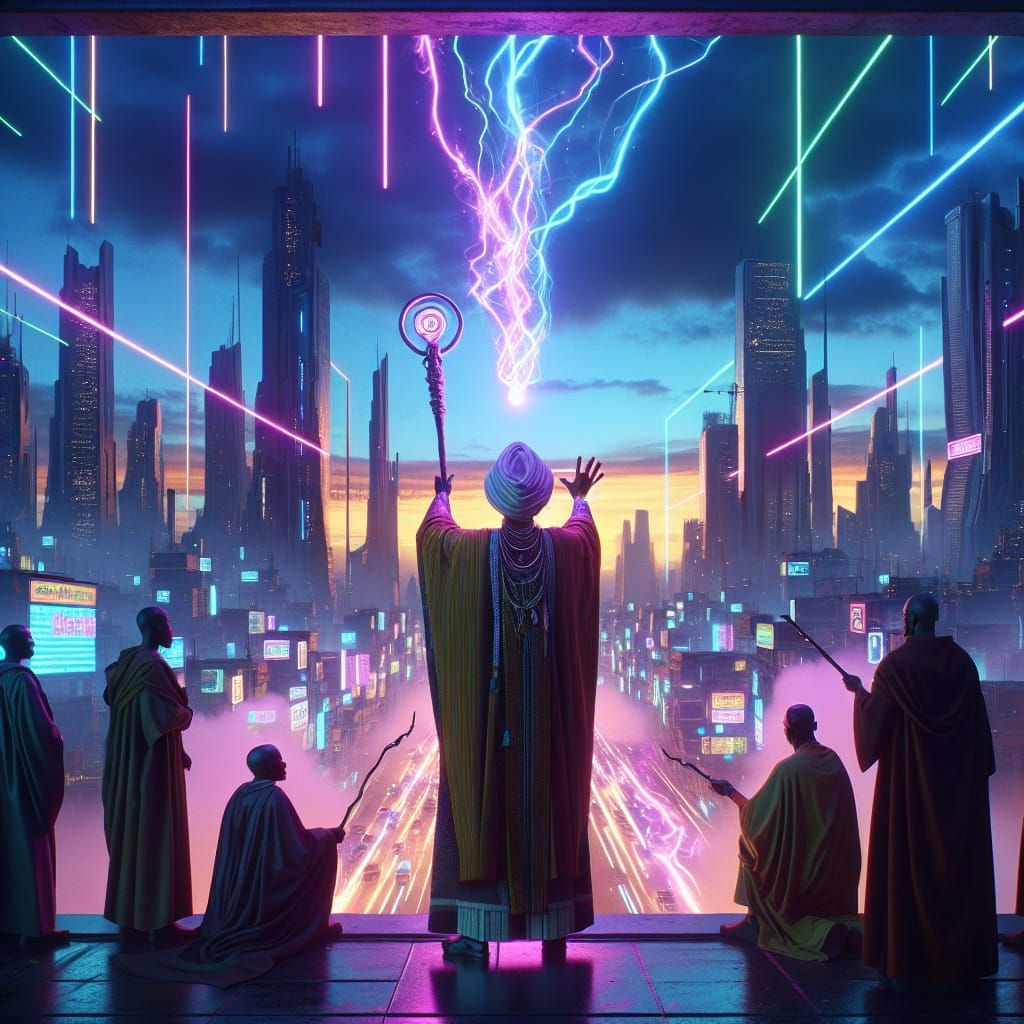African Cyberpunk Wizards Casting Neon Spells