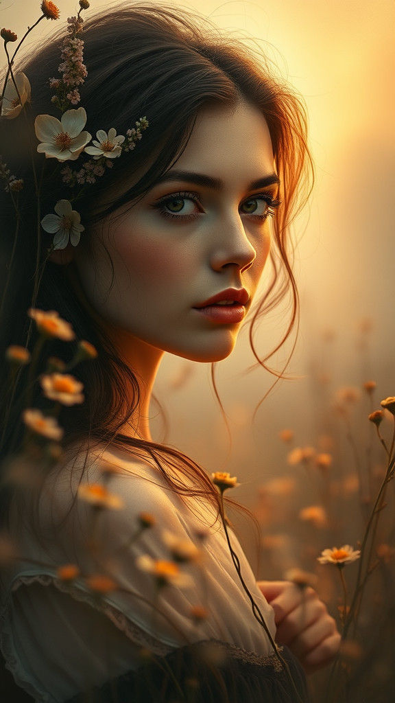 Ethereal Woman in Foggy Countryside: A Surrealist Painting