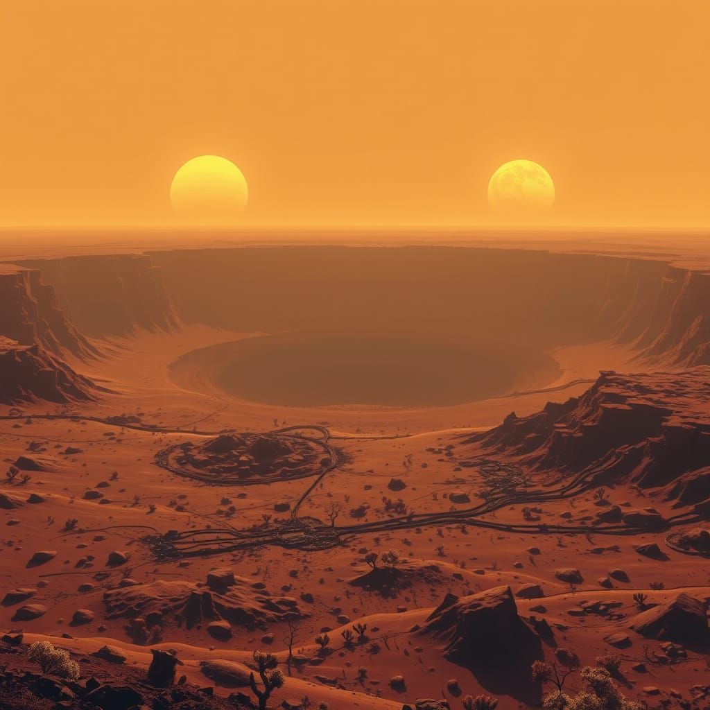 Alien Landscape of Ancient Nuclear Crater with Twin Suns