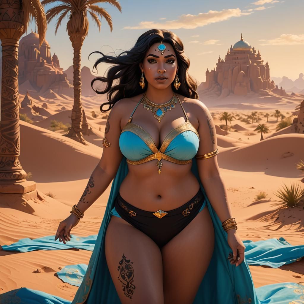 Plus-Size Jasmine in Arabian Desert, Cartoon Style