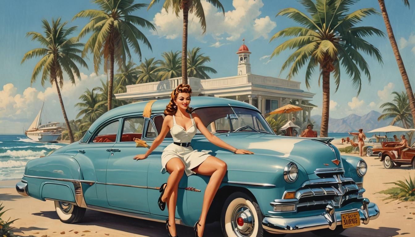 1950s Steampunk Girl with Chrysler on Beach
