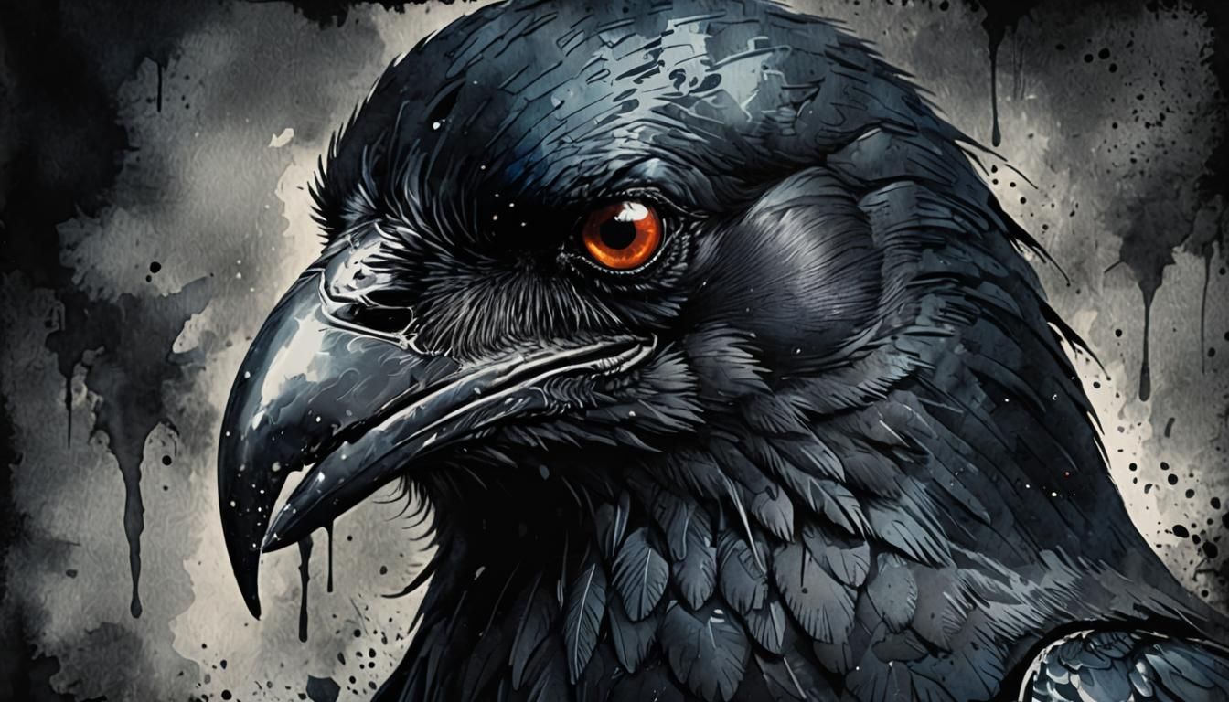 Moody Raven in Dark Watercolor with Ink Bleed