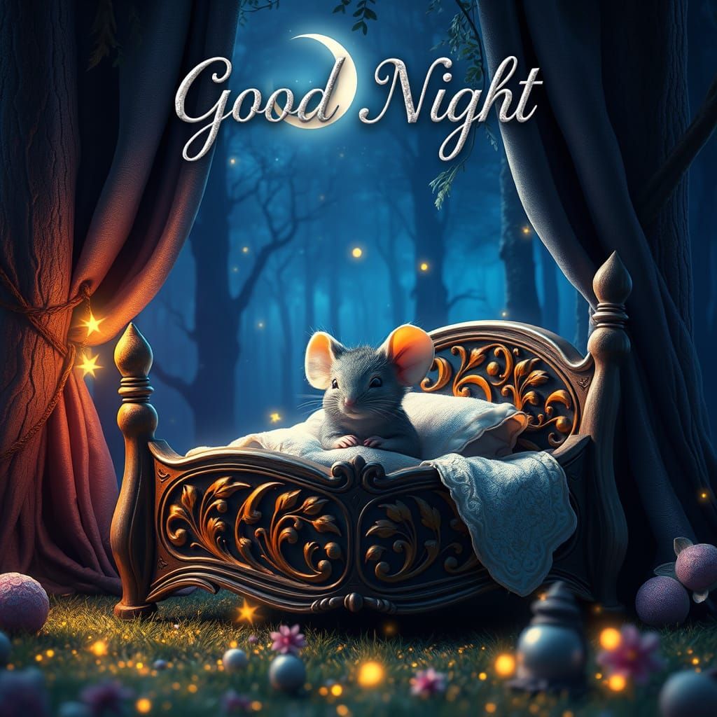 Cozy Mouse in Whimsical Forest Under Crescent Moon