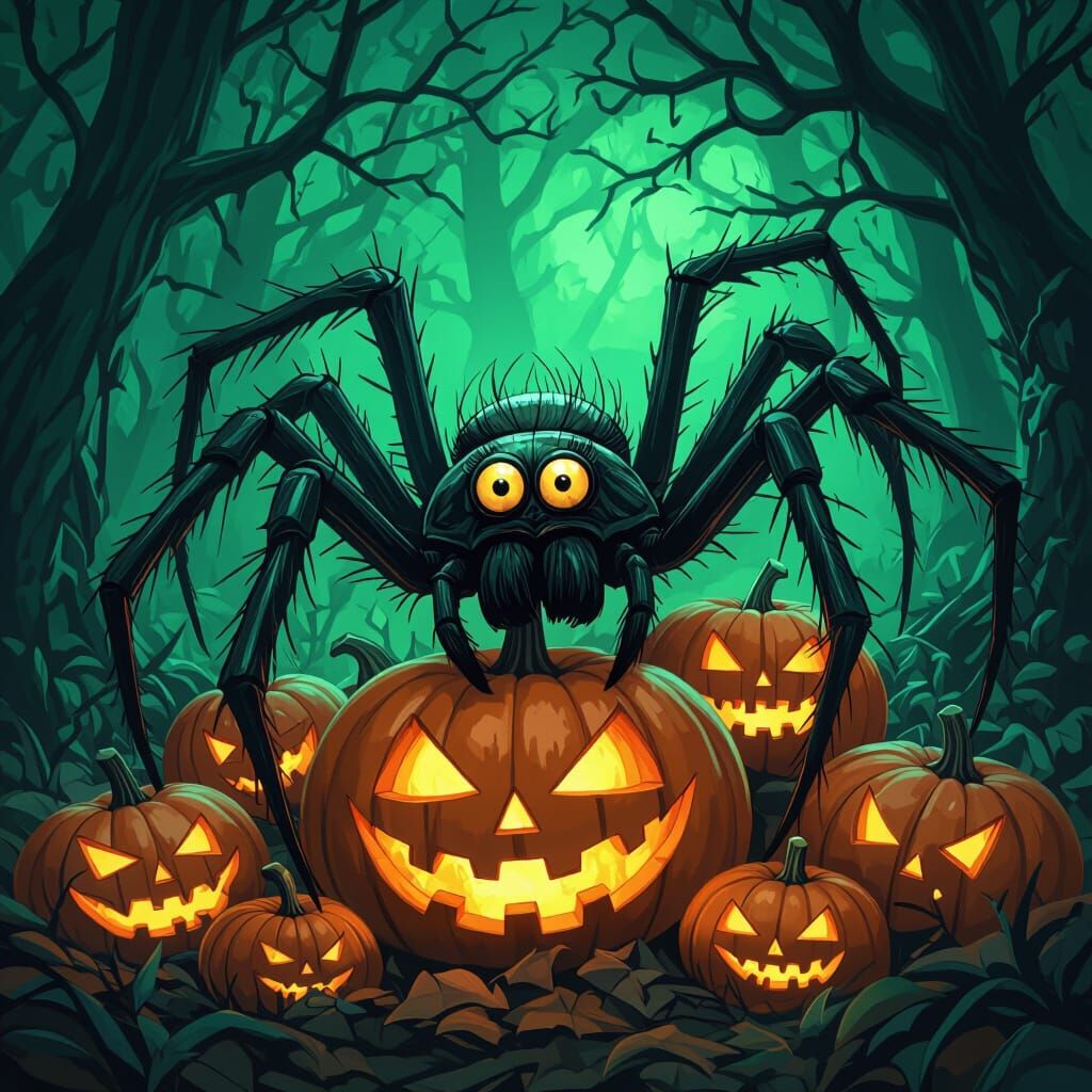 Grotesque Spider Laughing in Enchanted Forest
