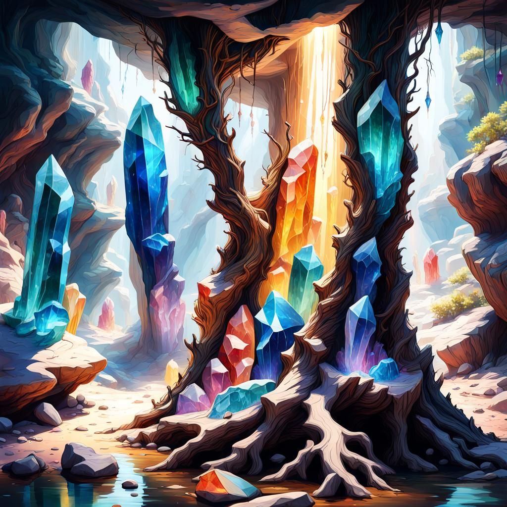 Colorful Crystals Illuminate Petrified Tree in Cave