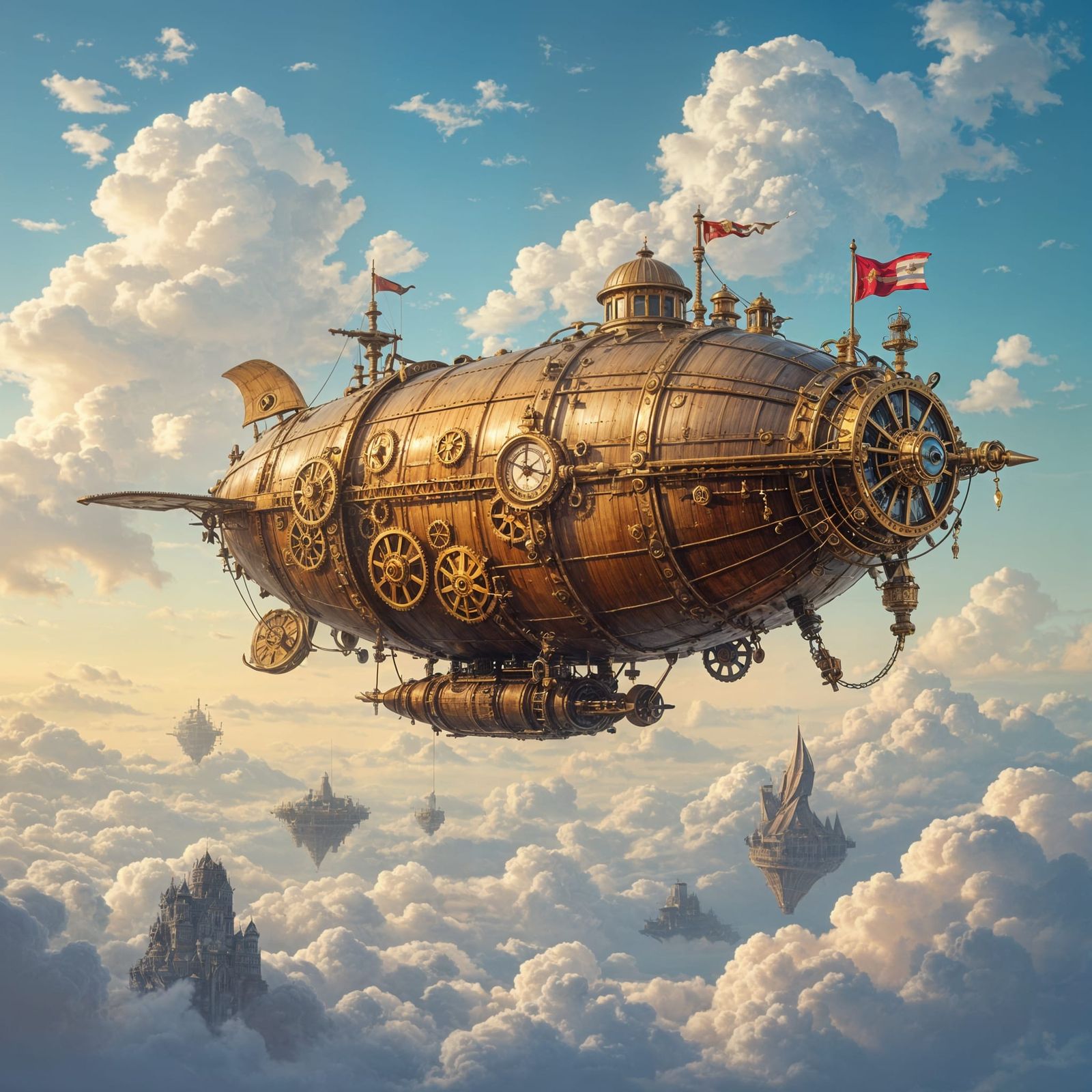 Whimsical Steampunk Airship Navigates Fantastical Skies