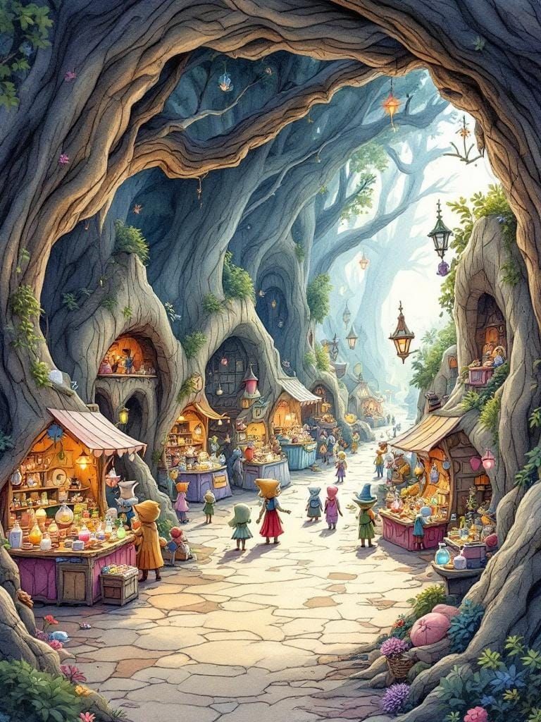Whimsical Goblin Marketplace in Watercolor Style