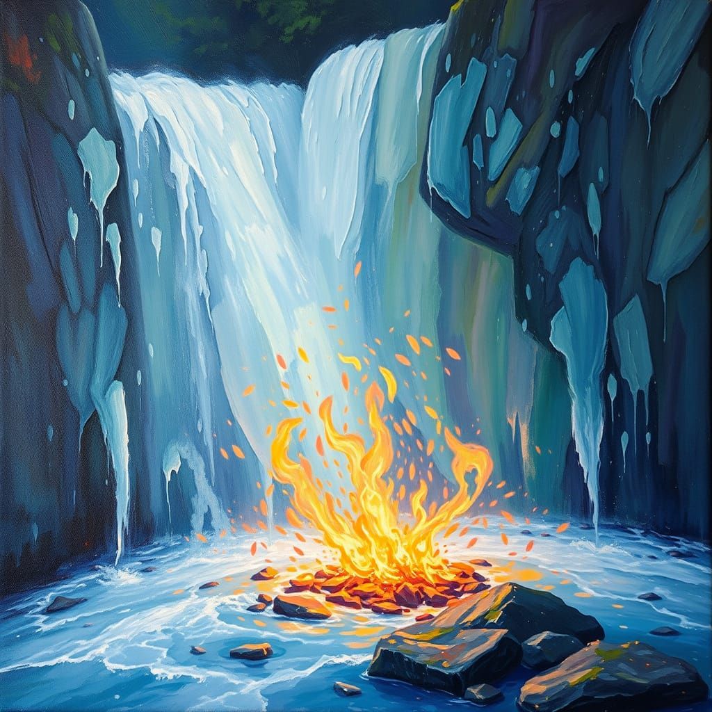 Powerful Waterfall and Fiery Stream in Neo-Impressionist Sty...
