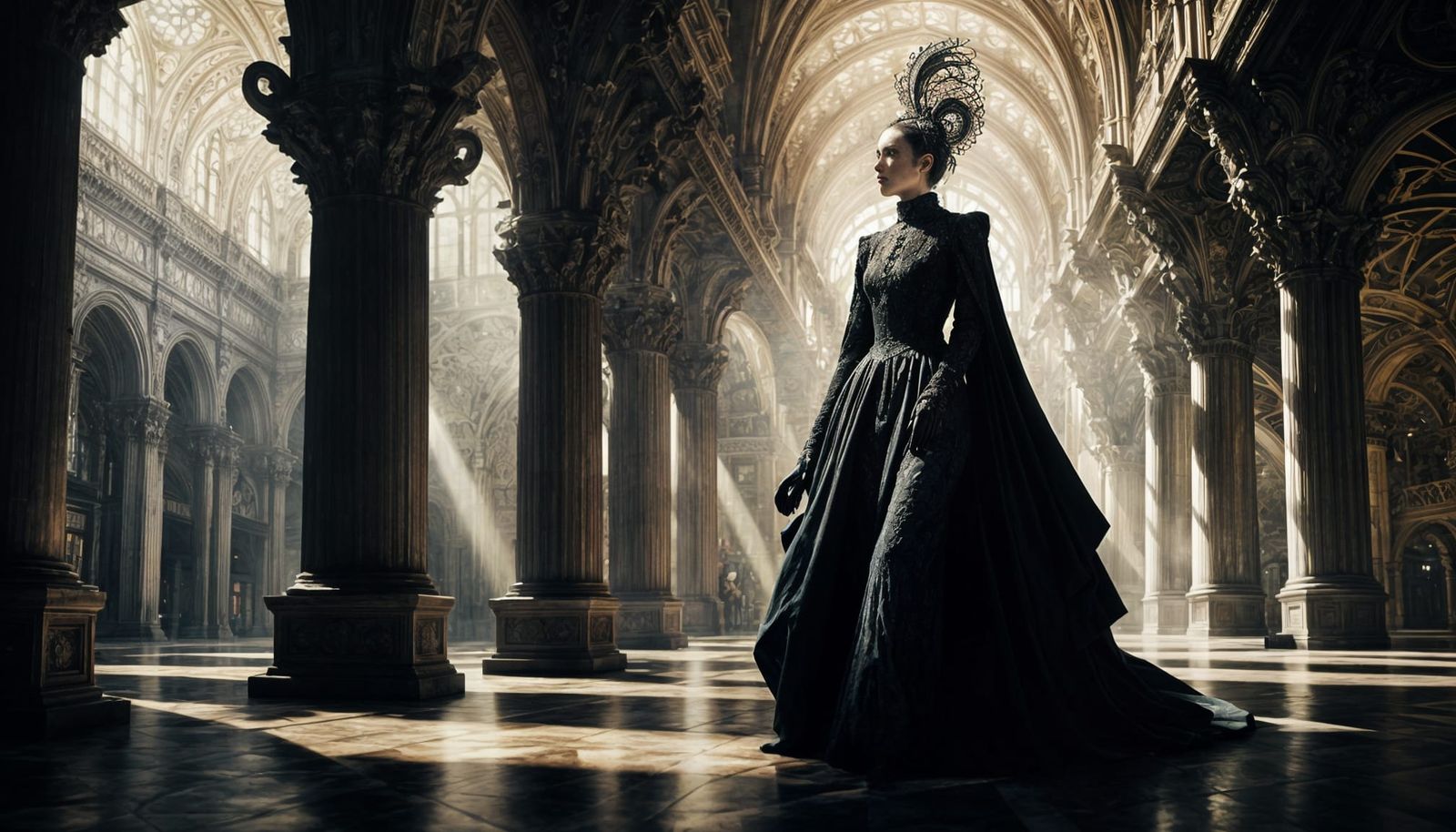 Dystopian Allegory: Masked Figure Under Sword of Damocles