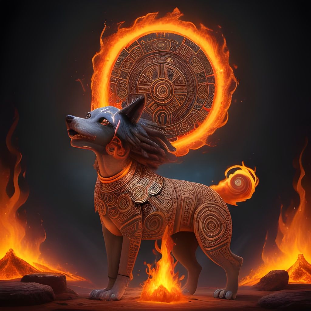 Aztec Fire Goddess Chantico Emerging from Volcano