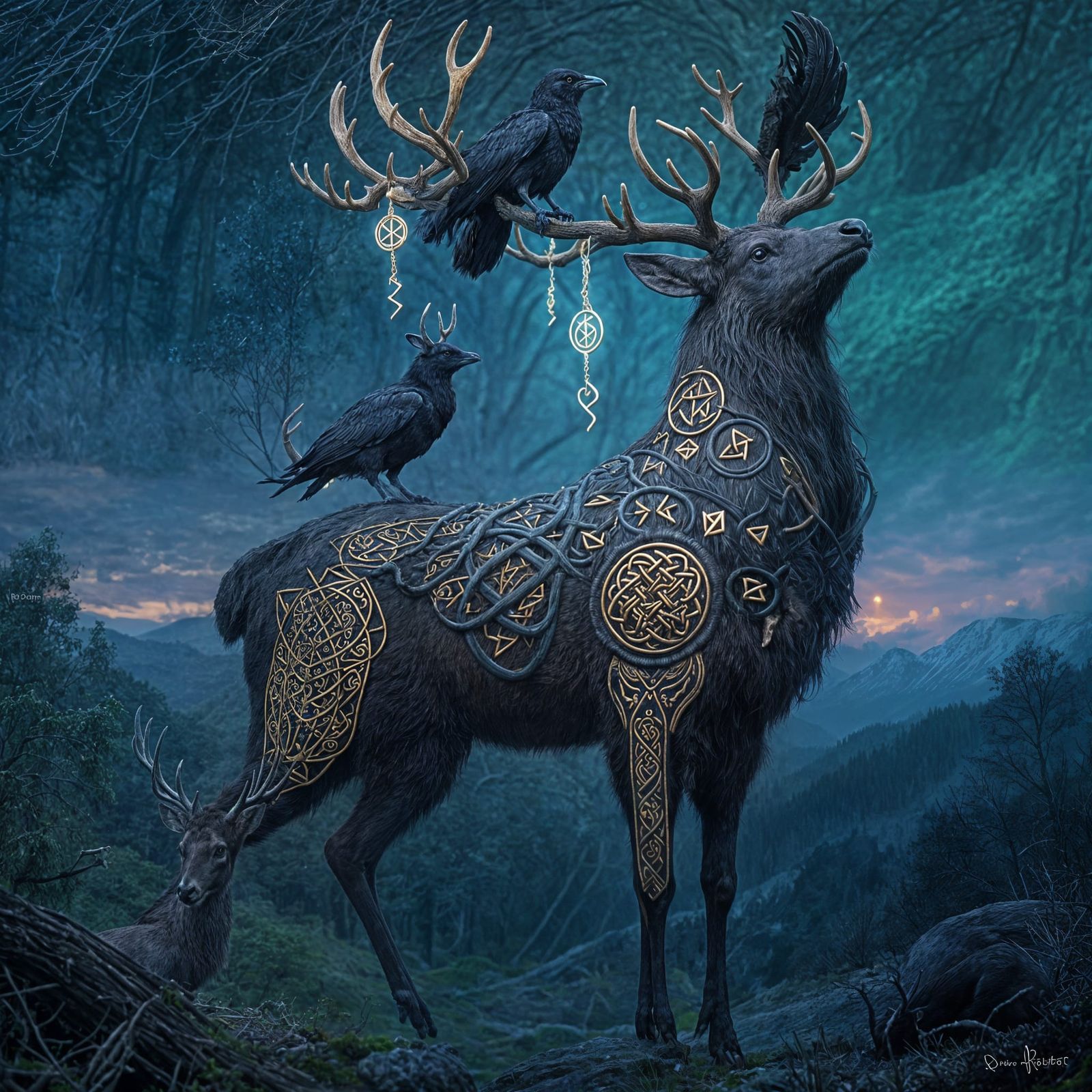 Mythical Stag with Prophecy Ravens in Twilight Oil Painting