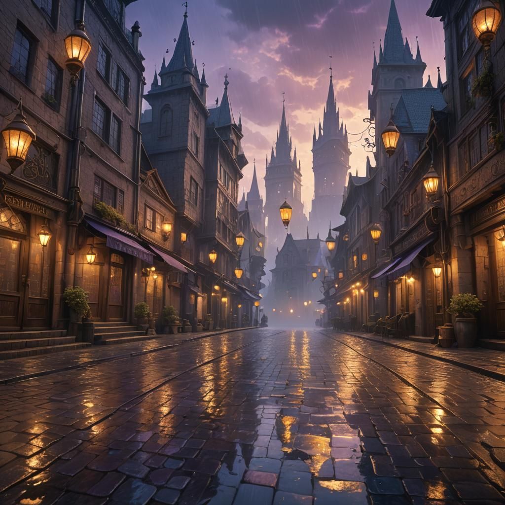 Rain-Soaked Cityscape at Dawn: Fantasy Concept Art