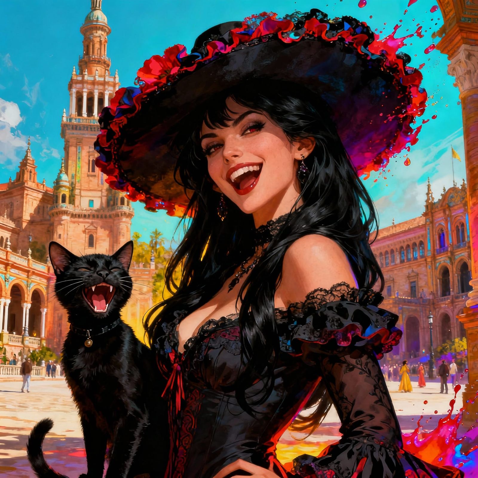 Flamenco Dancer with Laughing Cat, Dynamic Portrait