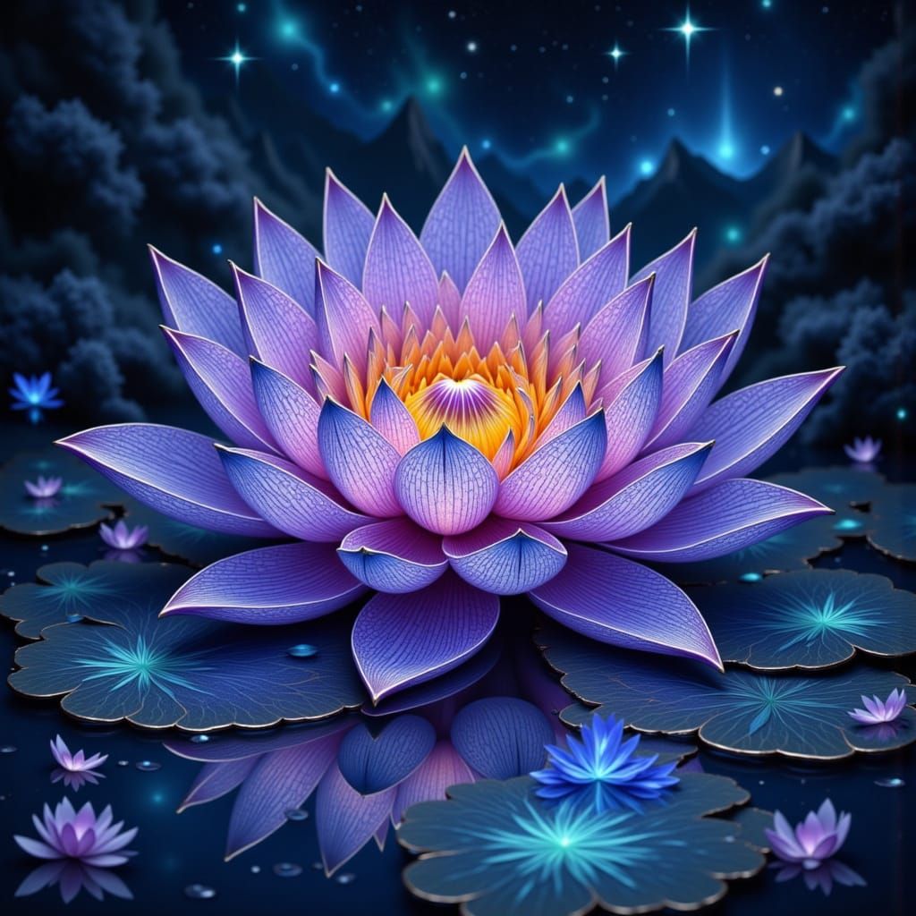 Ethereal Lotus Blooms in Glowing Blue River at Night