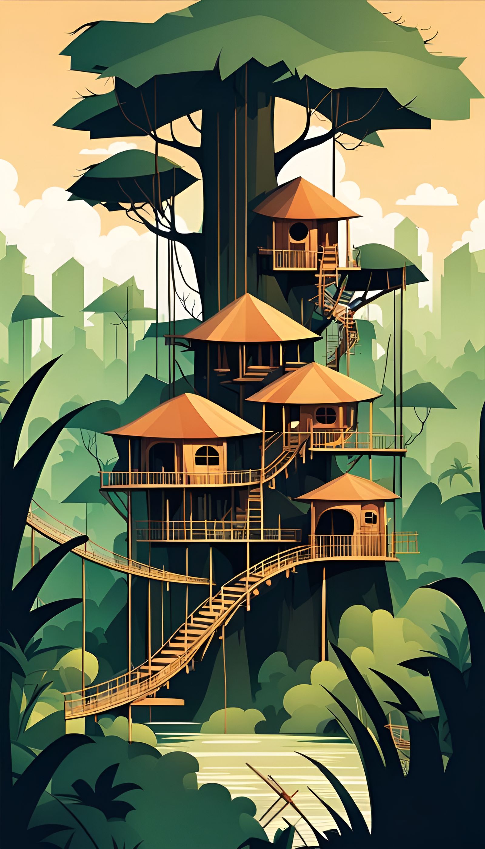 Jungle Town with Treehouses in Art Deco Style