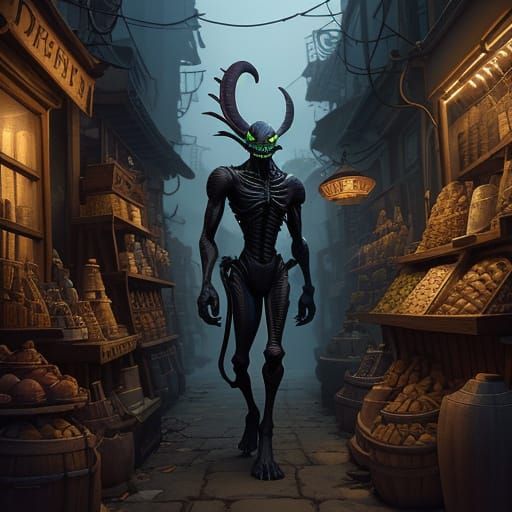 Dreamlike and hazy dimly lit alley of forbidden goods, alien...