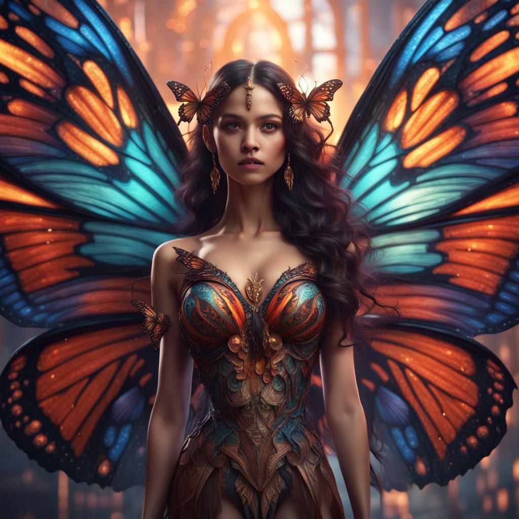 Fantasy Woman with Butterfly Wings in Detailed Digital Paint...