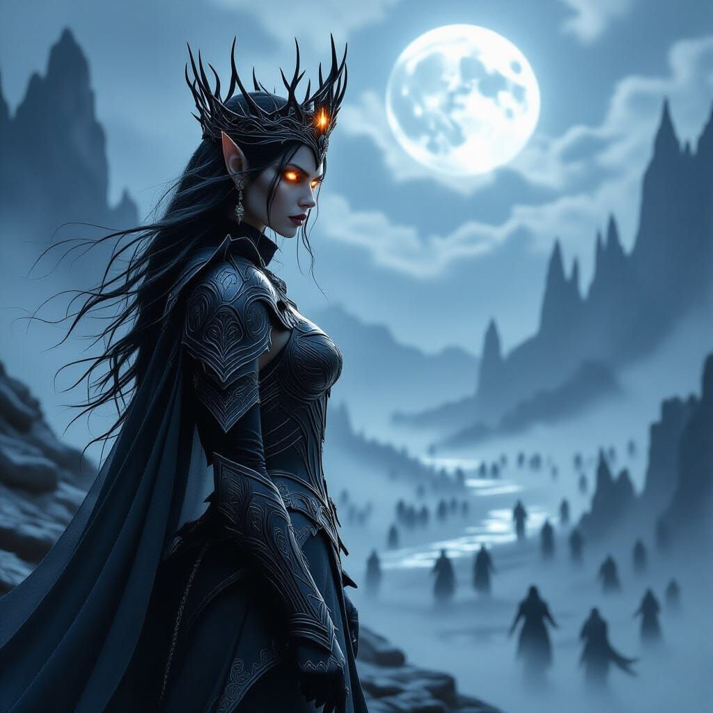 Regal Elf Queen in Obsidian Armor on Moonlit Battlefield