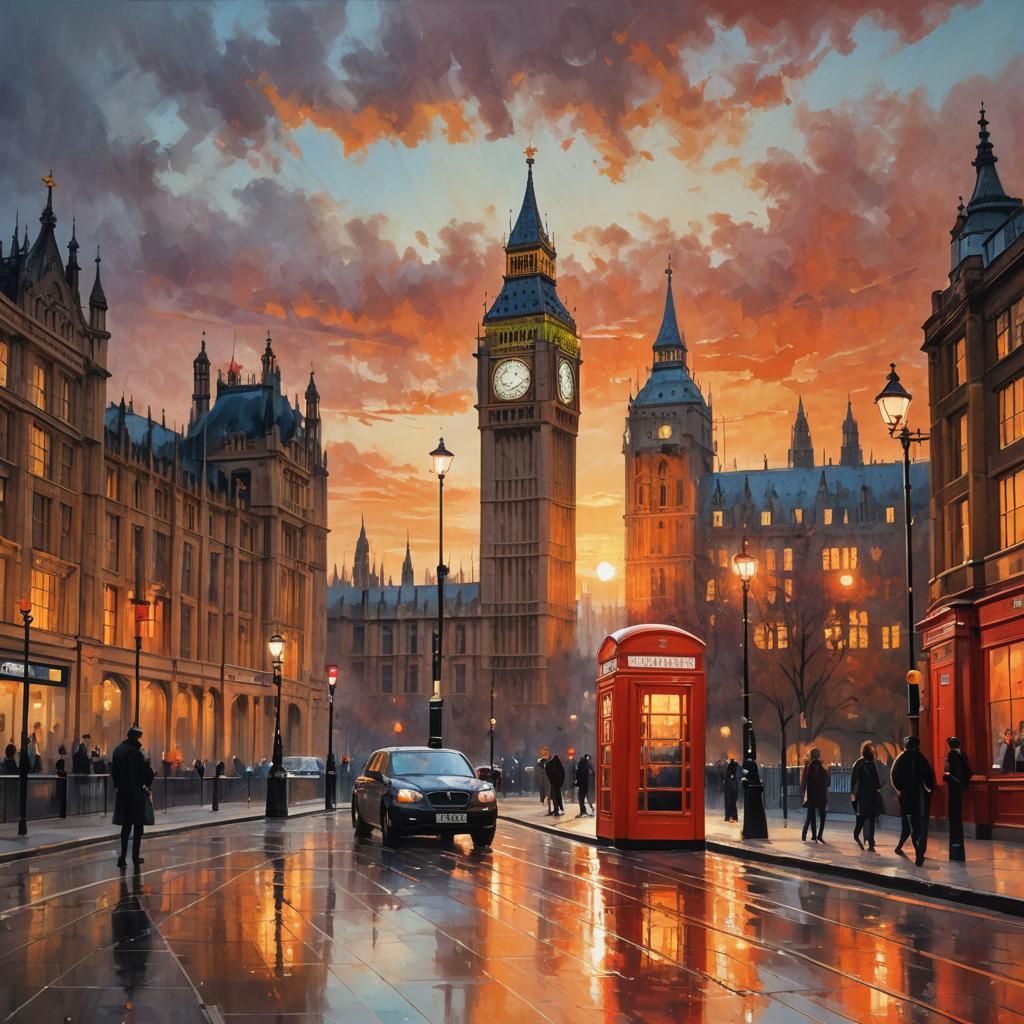 London Cityscape at Sunset in Watercolor Style