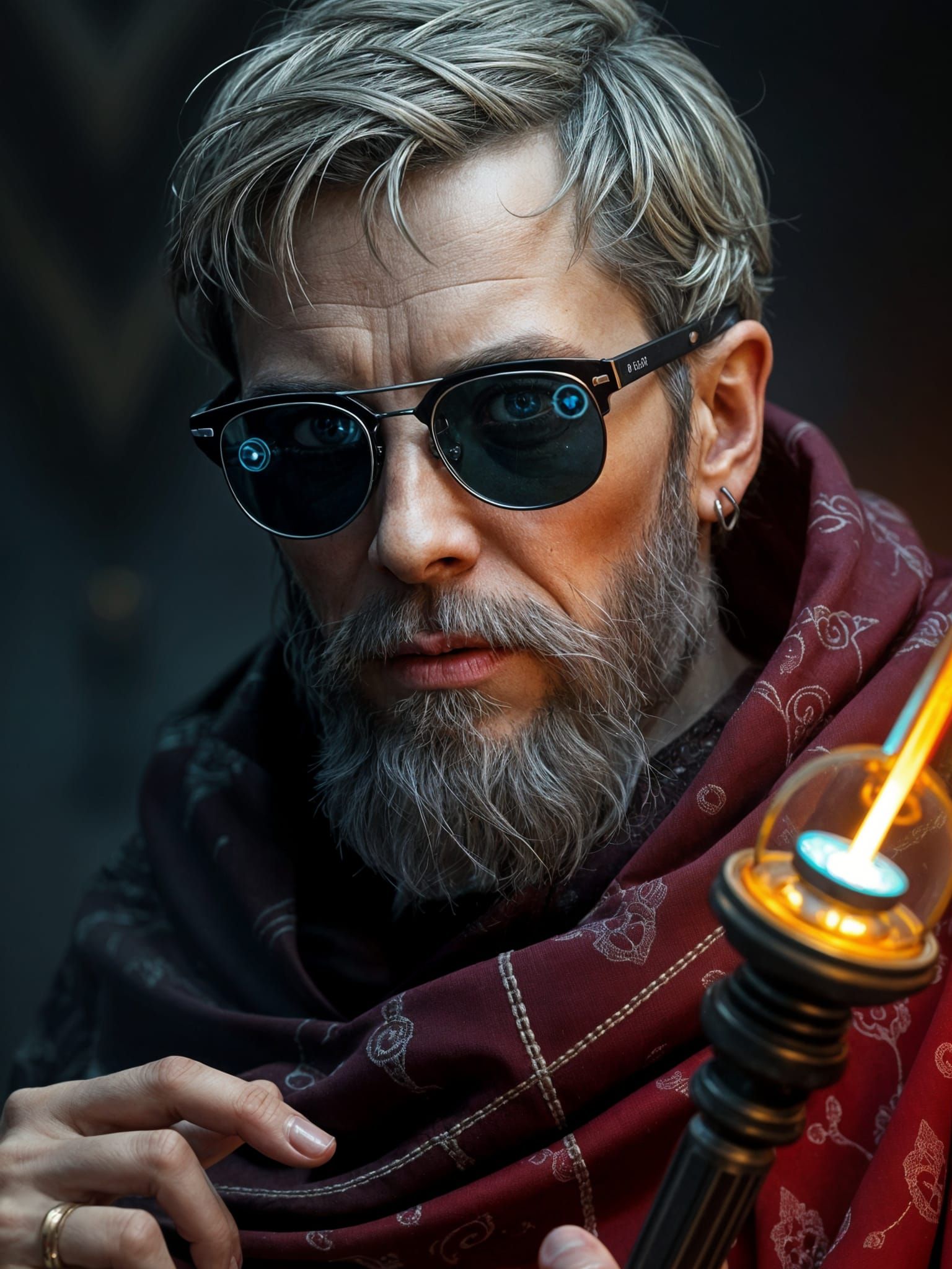 Cyberpunk Medieval Mage Portrait with Magic Staff