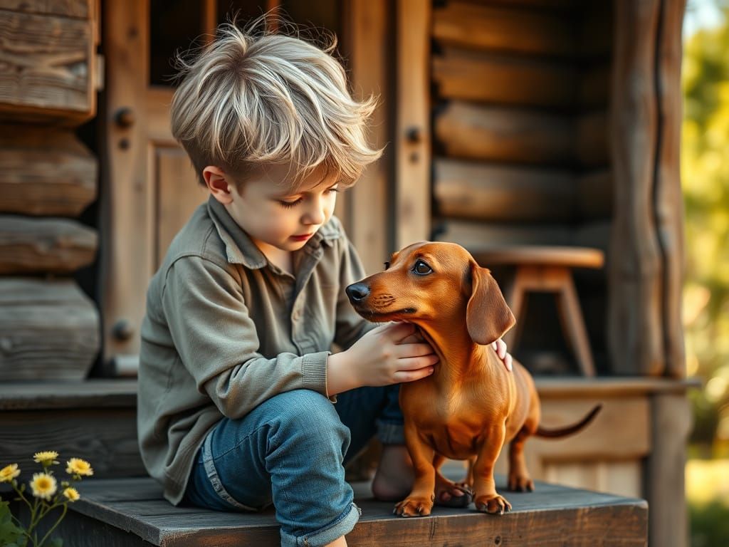 Young Boy Serenely Pets a Dachshund on a Rustic Cottage Step