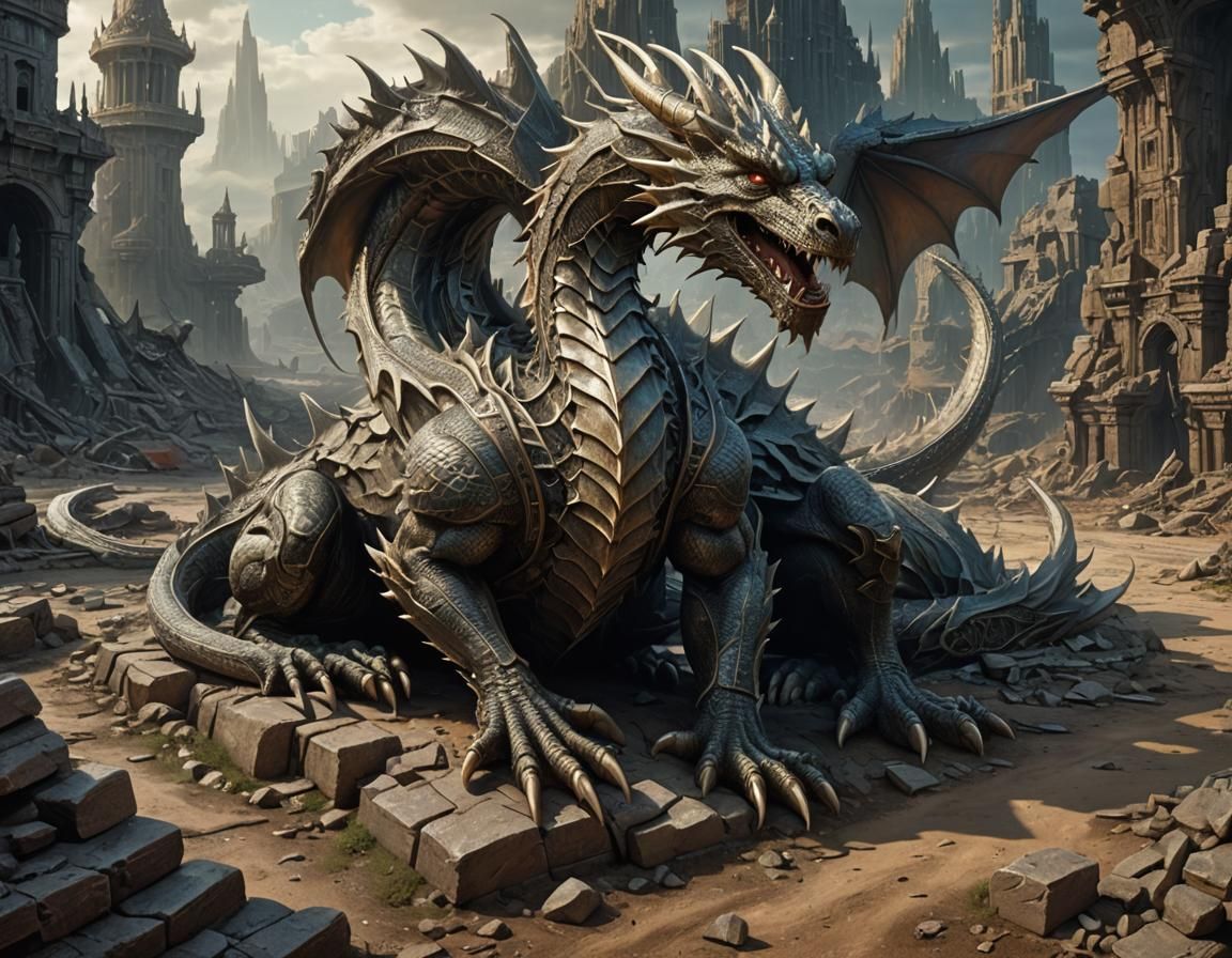 Dragon Sculpture on Alien Ruins: Fantasy Art