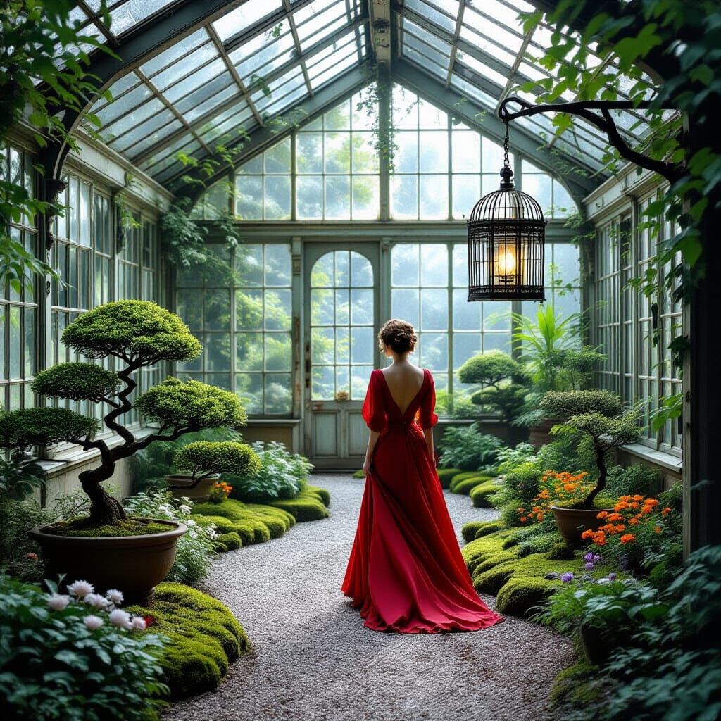 Overgrown Victorian Greenhouse with Glowing Birdcage