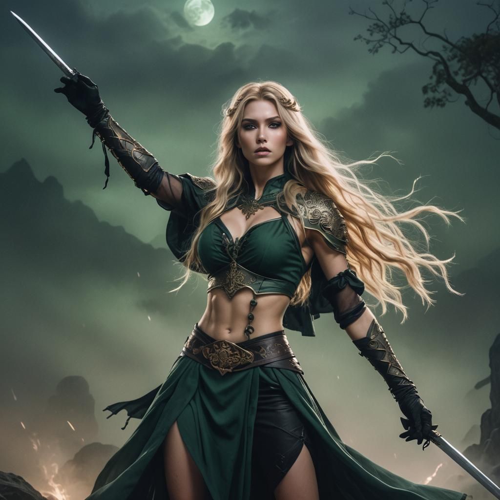 Ethereal Female Warrior with Scythe in Moonlight