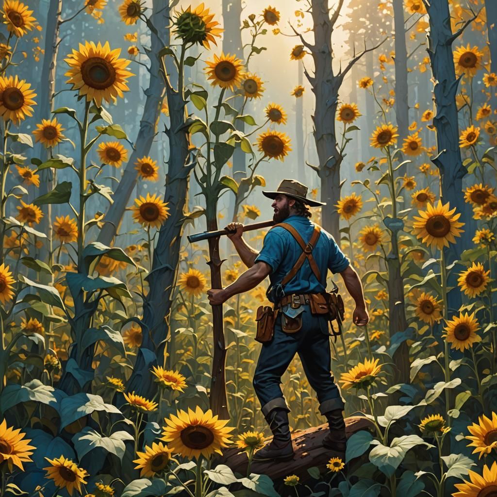 Lumberjack in a Sunflower Field: Fantasy Art
