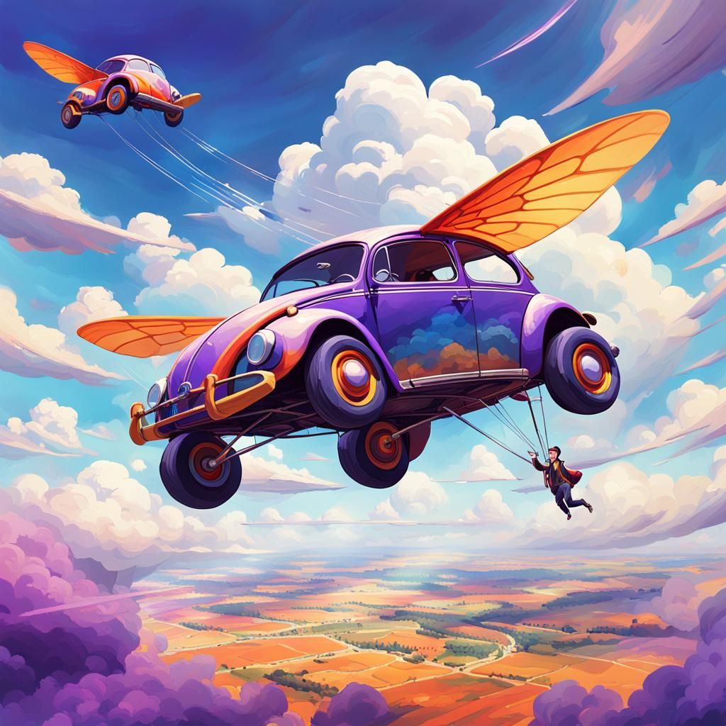 Airborne VW Beetle Soaring Through the Sky