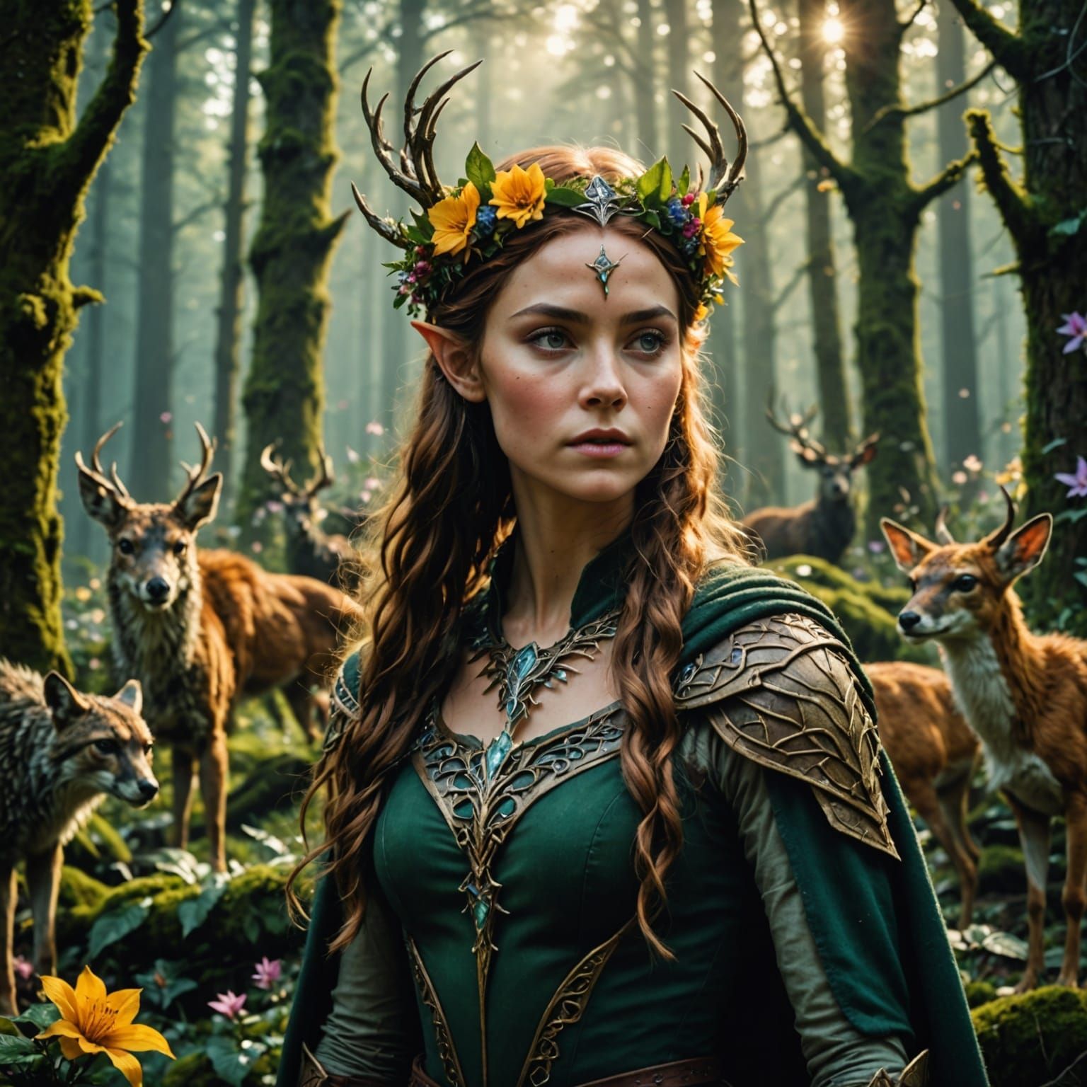 Ethereal Elven Princess Surrounded by Nature in Cinematic Fi...