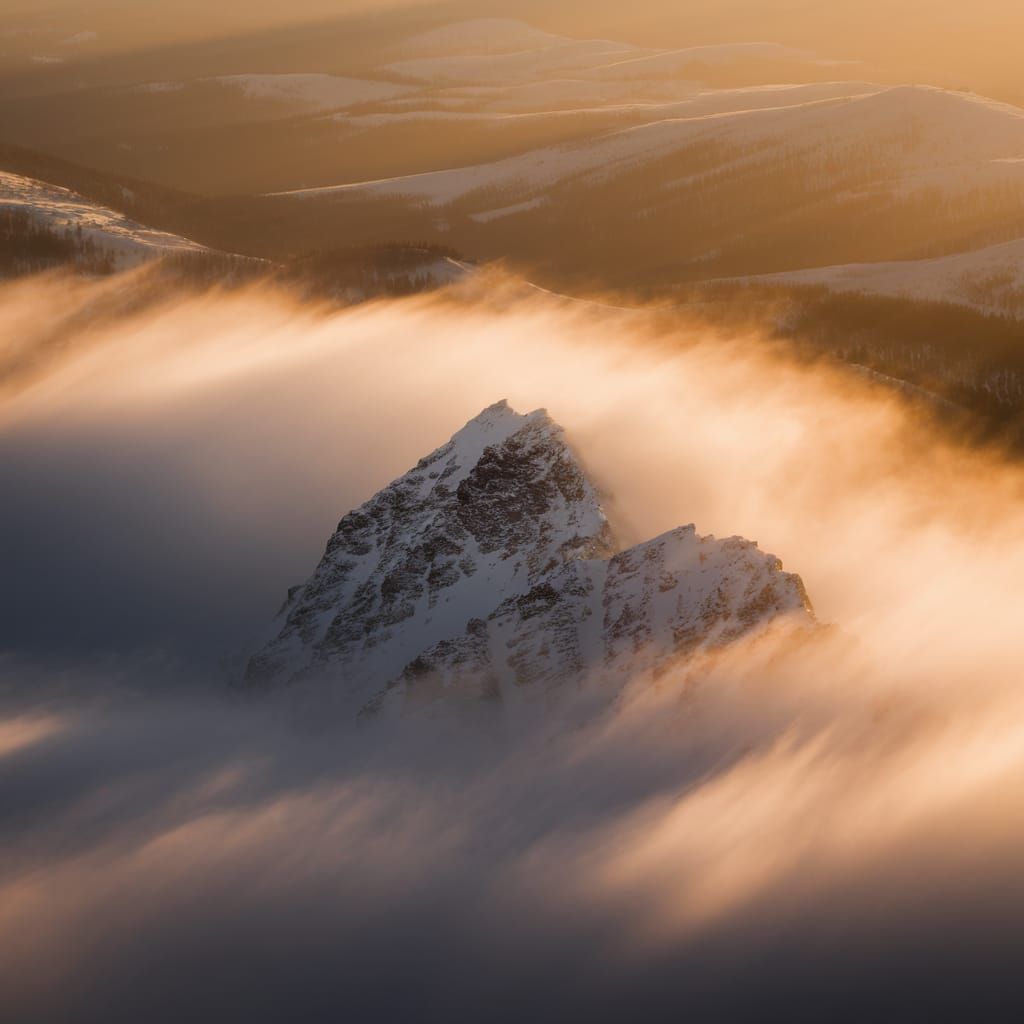 Snowy Peak in Ethereal Fog, Ansel Adams Style