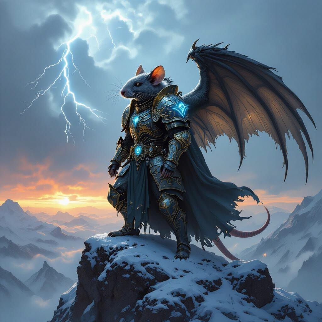 Winged Rat Knight on Mountain Peak in Gothic Armor
