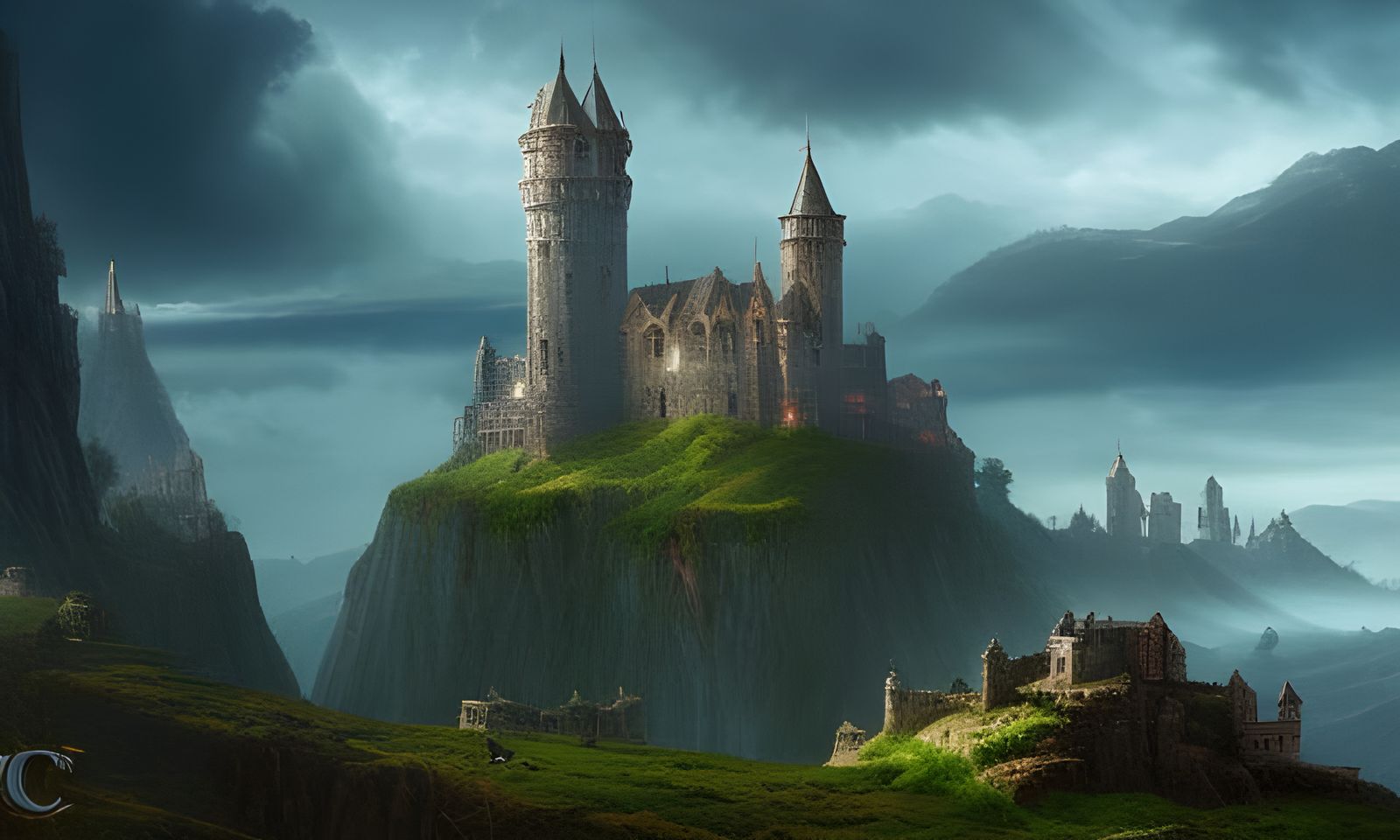 Epic Fantasy Landscape with Village and Castle