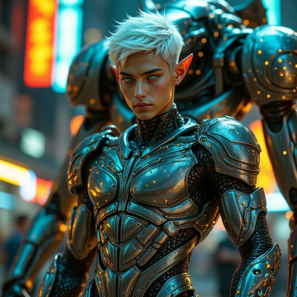 Cyborg Elf Warrior and Battle Mech in Futuristic Space Stati...